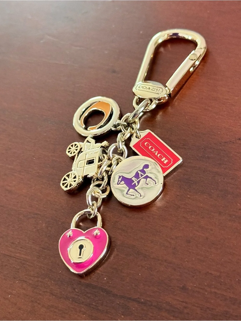 Coach Charm Keychain Clip Horse & Carriage Pink Heart Lock Gold Tone Accessory